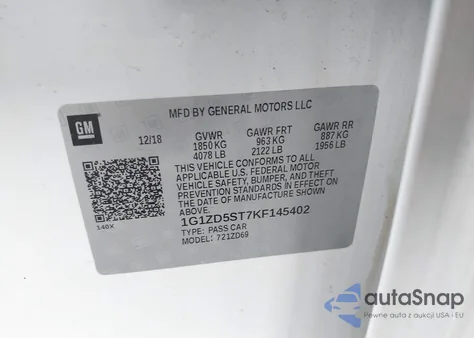 2019 Chevrolet Malibu Lt из США, поврежденный, VIN 1G1ZD5ST7KF145402